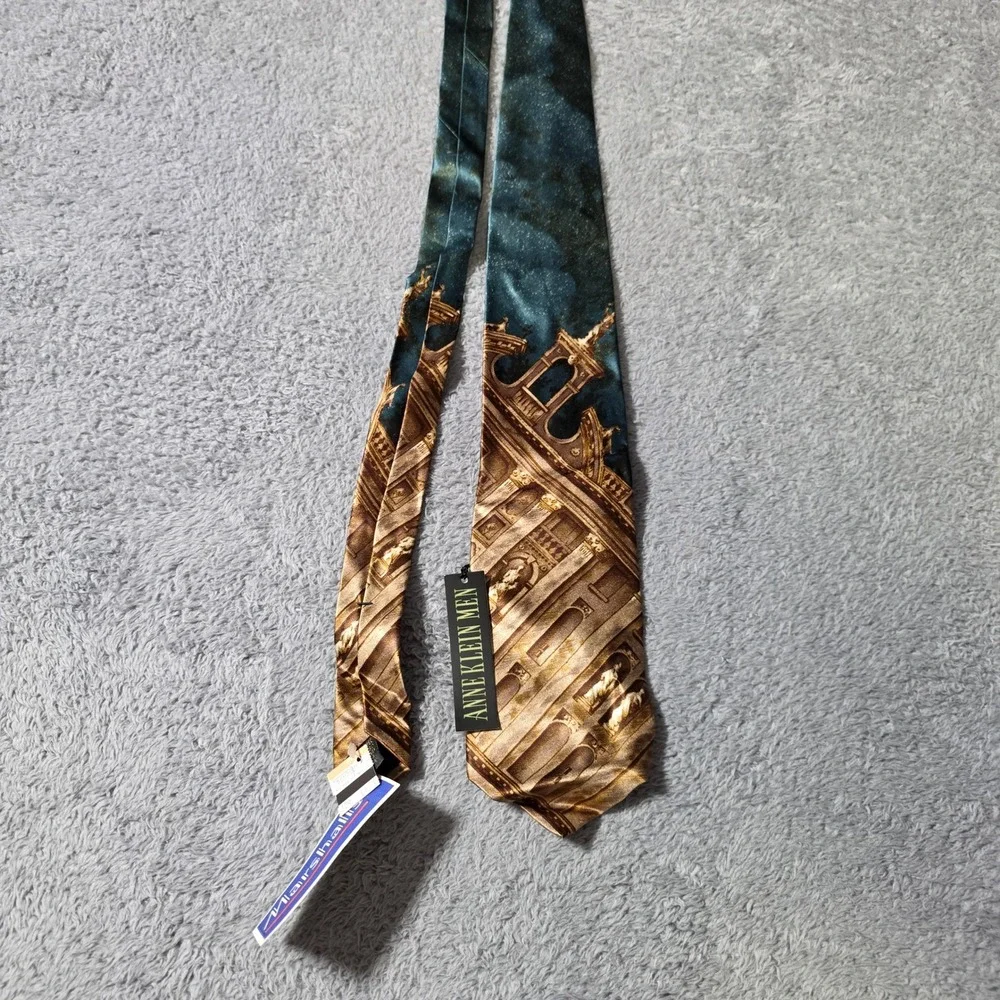 Anne Klein Men OS Silk Necktie Teal Gold Architectural Graphic Made in Italy NWT